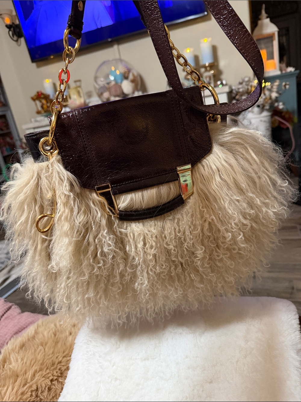 crossbody beige monogolian tibet lamb fur & leather handbag purse